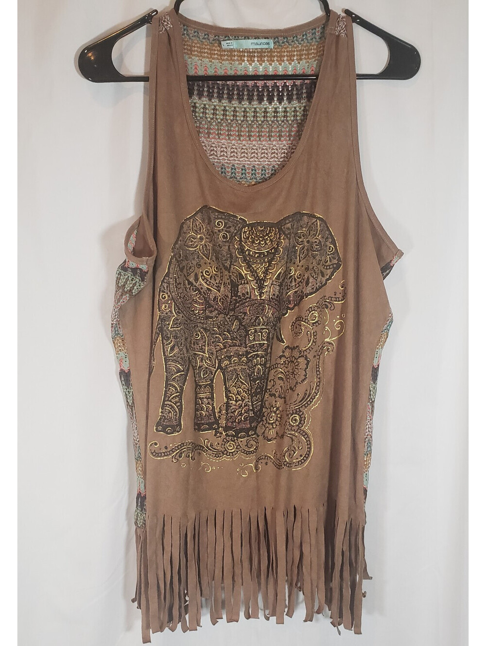 Maurices Womens L Brown Elephant Graphic Fringe Tank Top Crochet Back Boho